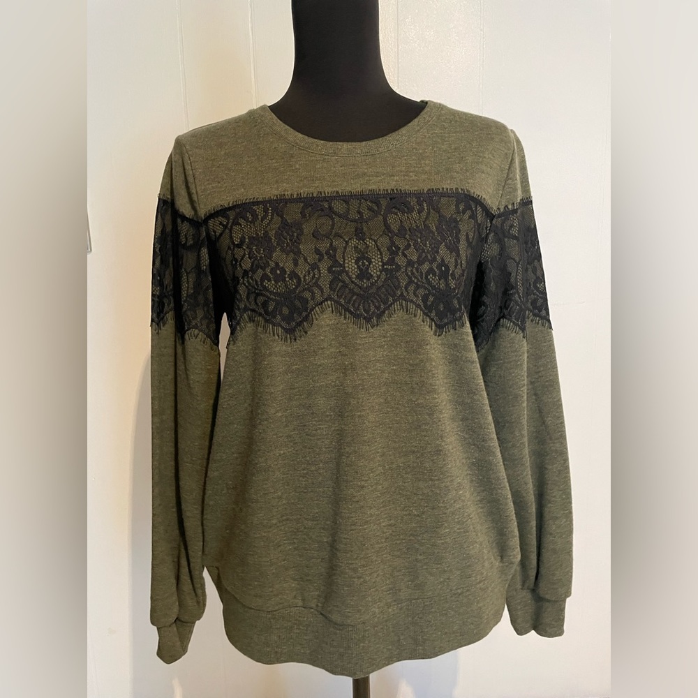 Apt. 9 olive green sweatshirt with black lace detail. Size medium.